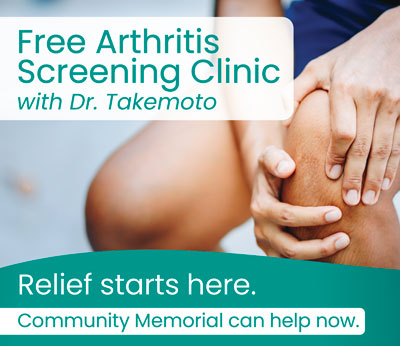 free arthritis screening with picture of someone holding their knee.
